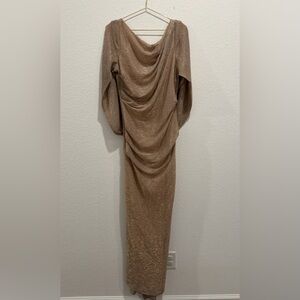 Betsy and Adam Metallic Gold Cape Gown beige Evening  shimmer formal maxi dress